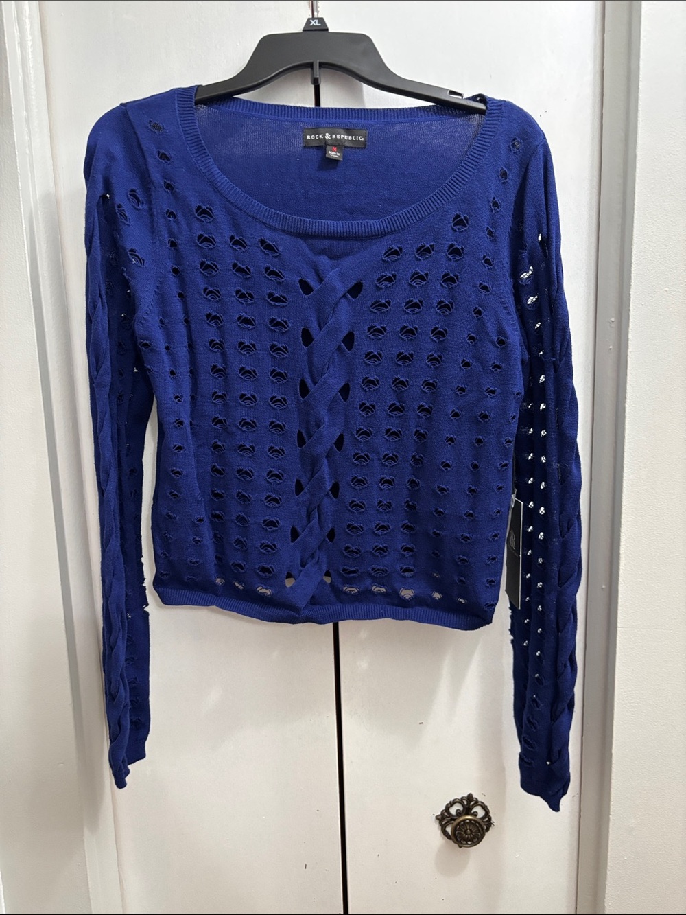 Rock & Republic Royal Blue Cropped Open-Knit Cable-Trim Sweater